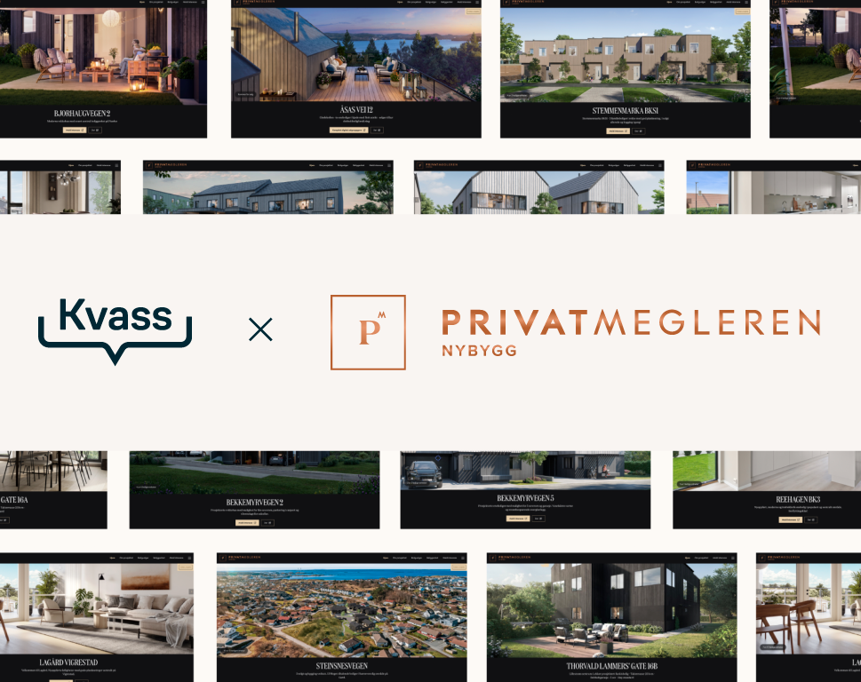 PrivatMegleren velger Kvass, illustrasjon av Kvass logo og PM logo, illustrasjon av flere prosjektsider for PM