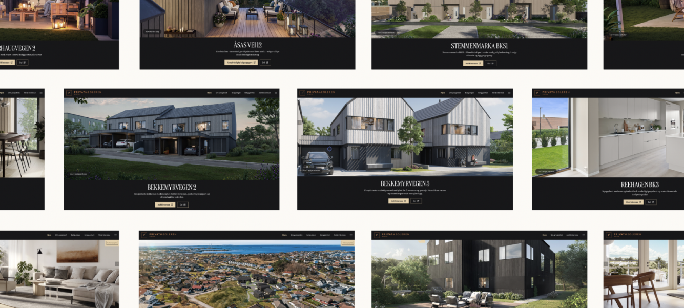 PrivatMegleren velger Kvass, illustrasjon av nettsider med boligprosjekter 