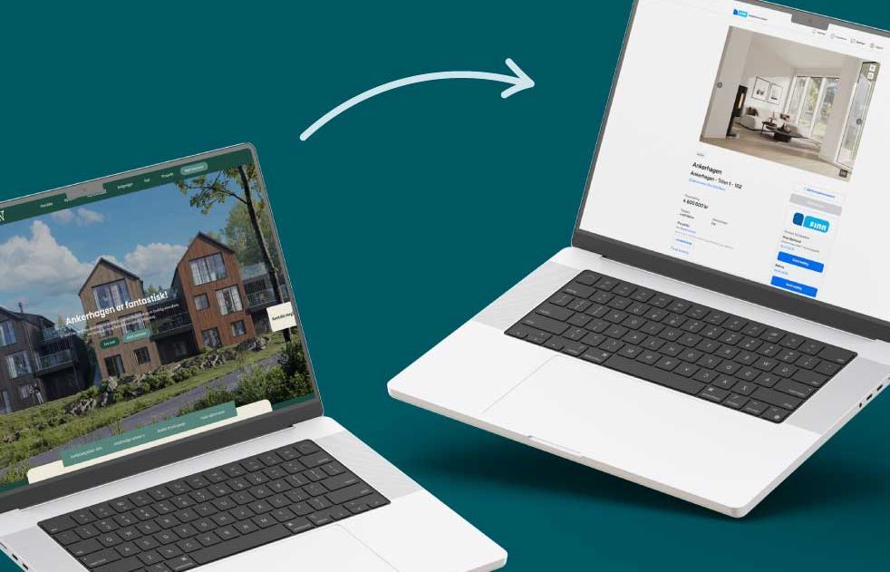 To bærbare datamaskiner på mørk grønn bakgrunn. Den venstre skjermen viser en nettside med boligprosjektet 'Ankerhagen' med moderne trehus og blå himmel. Den høyre skjermen viser en boligannonse for samme prosjekt på Finn.no. En hvit pil peker fra venstre til høyre og illustrerer integrasjon mellom nettsiden og Finn.no.