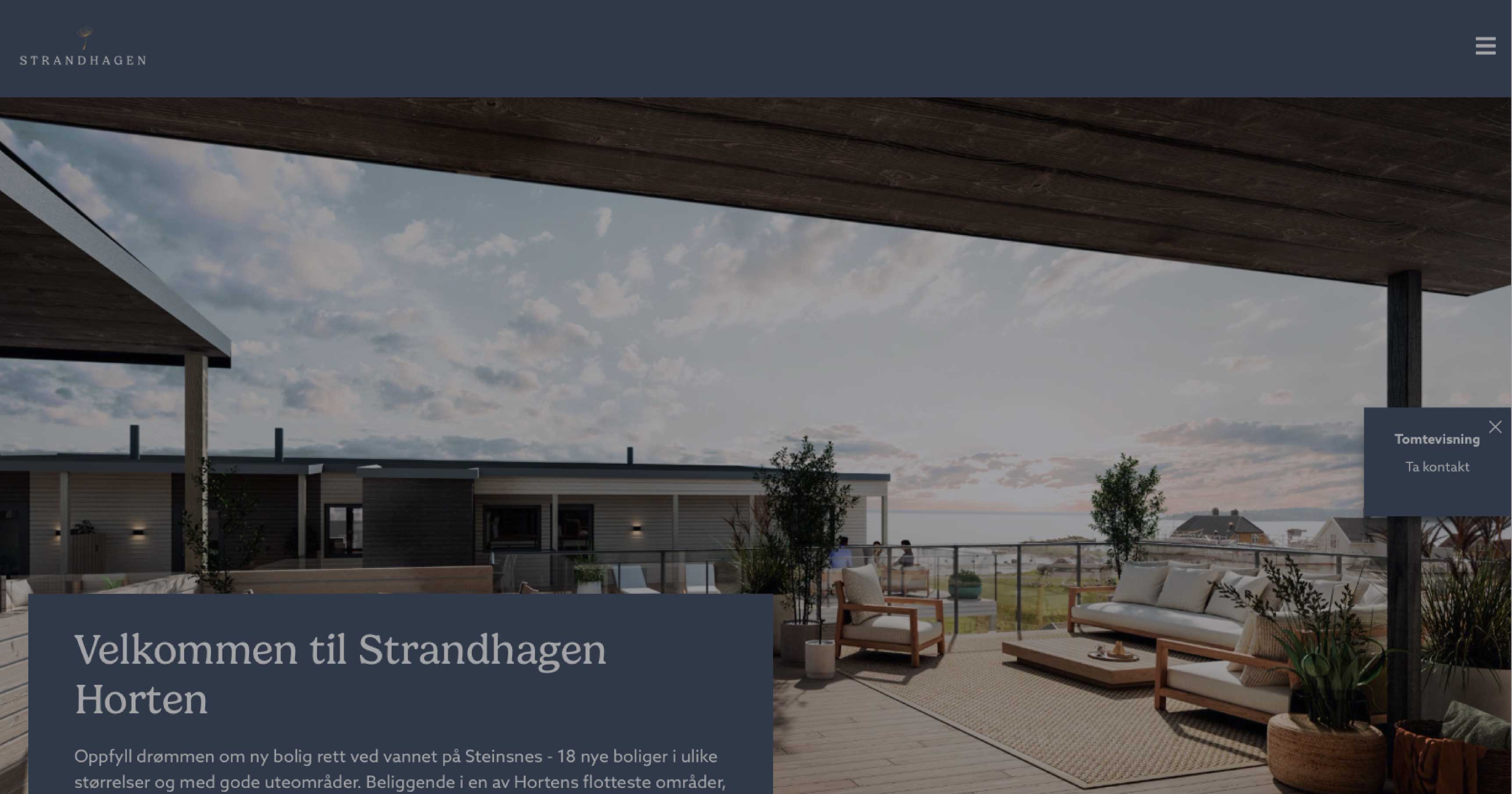 Skjermdump nettside strandhagen, blå meny, informasjonsboks, foto av en terrasse med utsikt