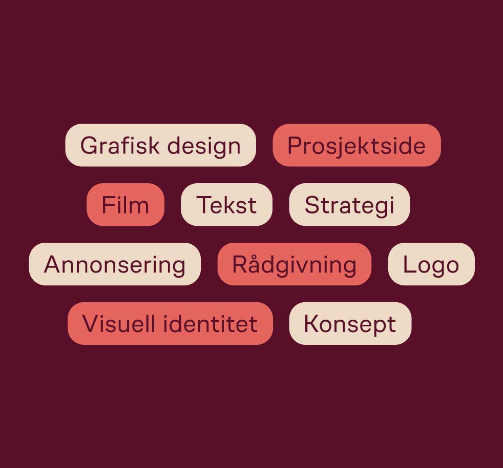Grafikk, mørk rød bakgrunn, avrundet etiketterer i beige og korall farge med tekst grafisk design, prosjektside, film, tekst, strategi, annonsering, rådgivning, logo, visuell identitet, konsept
