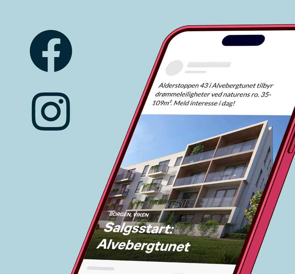 Illustrasjon av en annonse for en nyboligenhet på mobil, blå bakgrunn, lyseblå ikoner for Facebook og Instagram