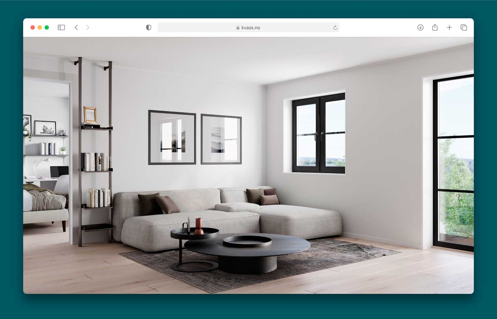3D-visualisering av en hvit stue med sorte vinduskarmer, grå sofa, sort stuebord, grått teppe og lyst tregulv